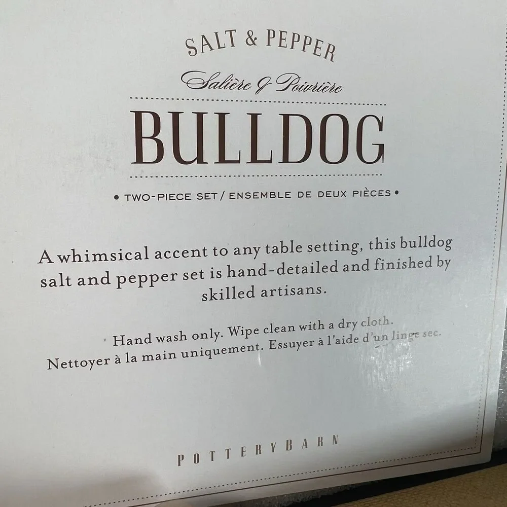 Pottery Barn Bulldog Salt & Pepper Shakers unused original box